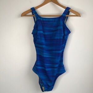 Lands End one piece blue striped swimsuit